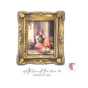 Miniature  picture of a Lady with  flowers,Artisan 1:12 scale framed art print,painted print of my original art,dollhouse tiny paintings