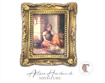 Miniature  picture of a Lady with  flowers,Artisan 1:12 scale framed art print,painted print of my original art,dollhouse tiny paintings