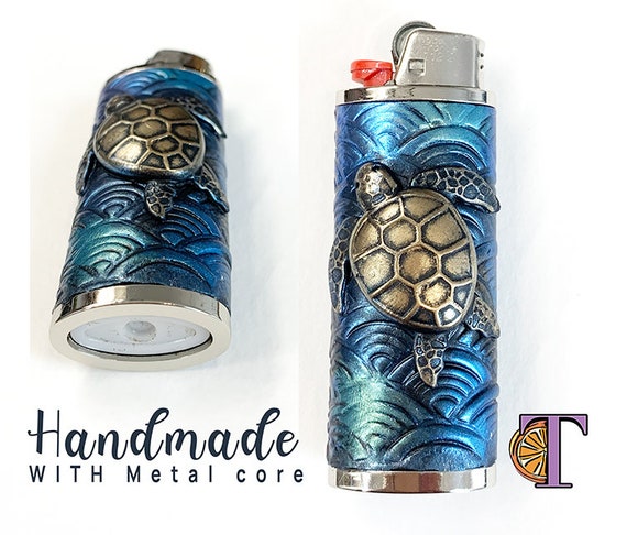 Turtle Lighter Case Holder Sleeve Cover Fits Bic Lighters handmade lighter  cover, with METAL CORE