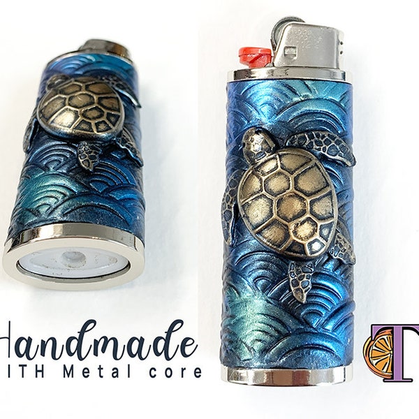 Turtle Lighter Case Holder Sleeve Cover Fits Bic Lighters handmade lighter cover, with METAL CORE