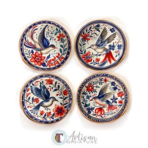 May include: Four decorative plates with a hand-painted bird and floral design. Each plate features a white background with red, blue, and green accents. The plates have a brown rim and a blue border.