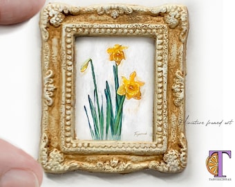 Miniature framed picture of Daffodils, 1:12 scale framed art print, dollhouse frame with print of original oil painting of flowers.