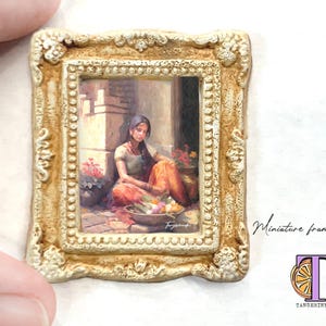 Miniature framed picture of a Lady selling flowers,1:12 scale framed art print, dollhouse frame  print of original painting of a flower girl