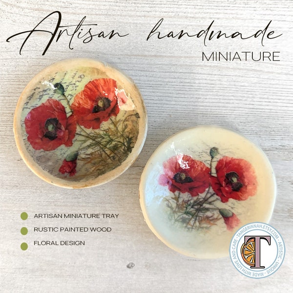 Artisan mini plates handmade poppies floral decorated dishes/dollhouse mini collectibles/12th scale replica antique plate/diorama decor