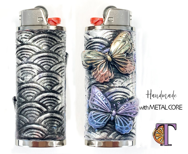butterfly Lighter Case Holder Sleeve Cover handmade lighter cover, polymer  clay lighter sleeve-Metal core