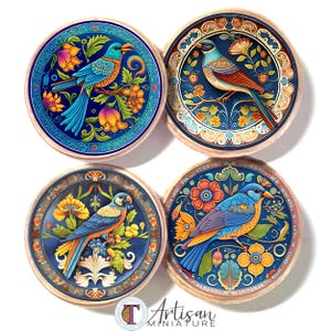 Artisan miniature plates 1:12 scale handmade birds decorated dishes/dollhouse mini collectibles/12th scale faux Talavera painted wall decor