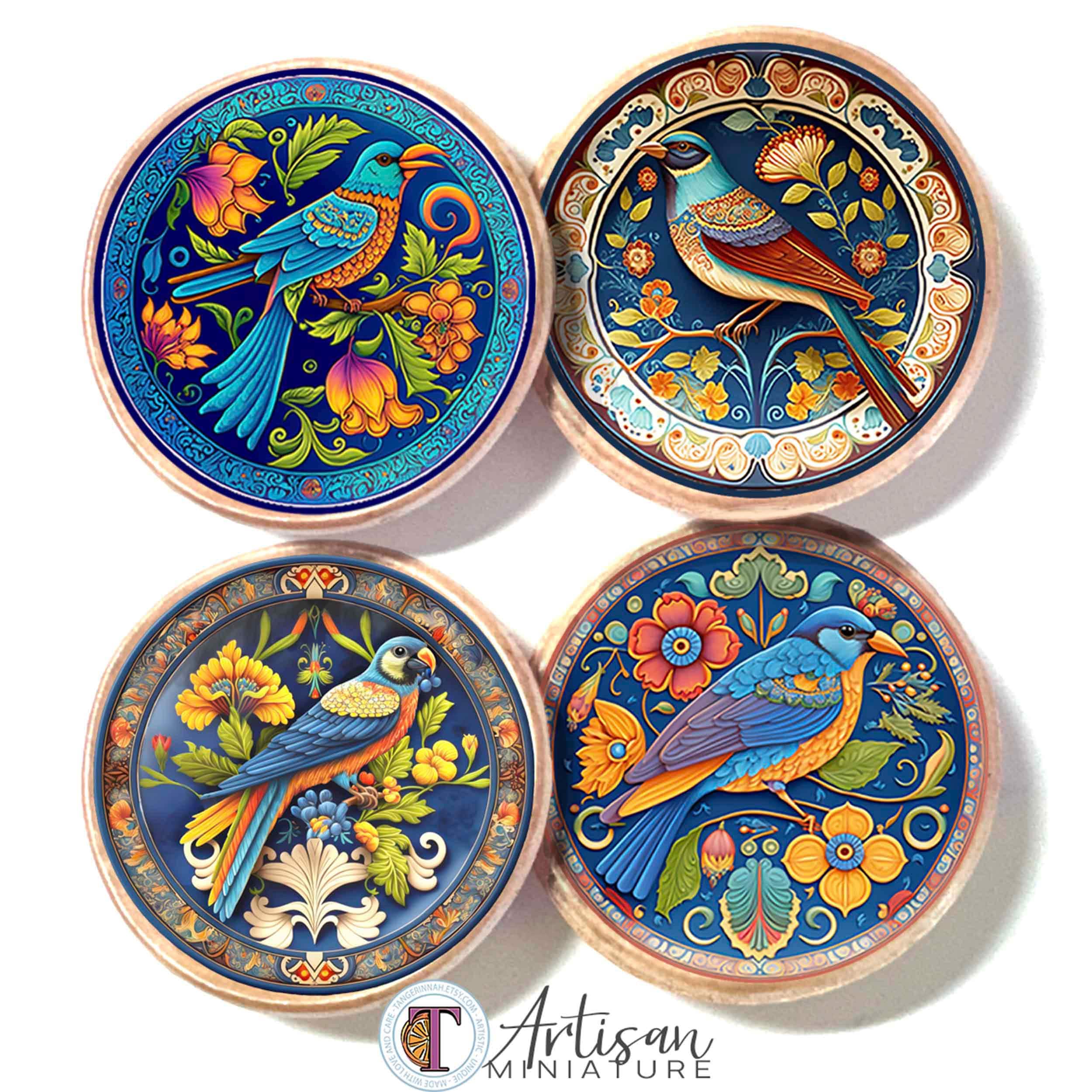 Artisan miniature plates 1:12 scale handmade birds decorated dishes/dollhouse mini collectibles/12th scale faux Talavera painted wall decor