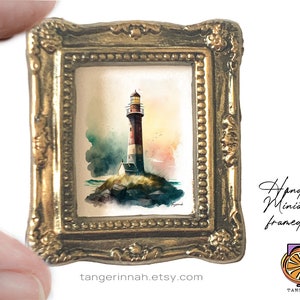 Mini picture frames, handmade 1:12 scale framed lighthouse art print, dollhouse frame with print of original painting  vintage LIGHTHOUSE 2