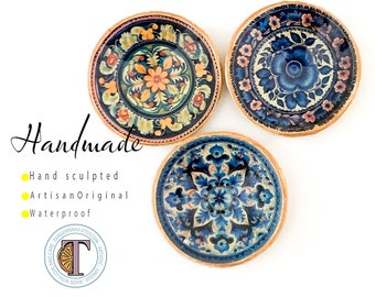 Artisan dollhouse miniature plates 1:12 scale handmade floral decorated dishes/mini collectibles/12th scale faux Talavera painted wall decor