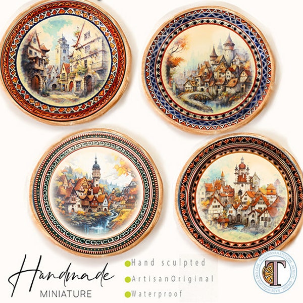 Artisan miniature plates bowls 1:12 scale handcrafted vintage castles and old towns  decorated plates/dollhouse mini collectible wall decor