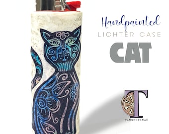 Cat lighter case, hand painted cat on a lighter cover , candle accessories, Fits Bic Lighters ,handmade lighter cover
