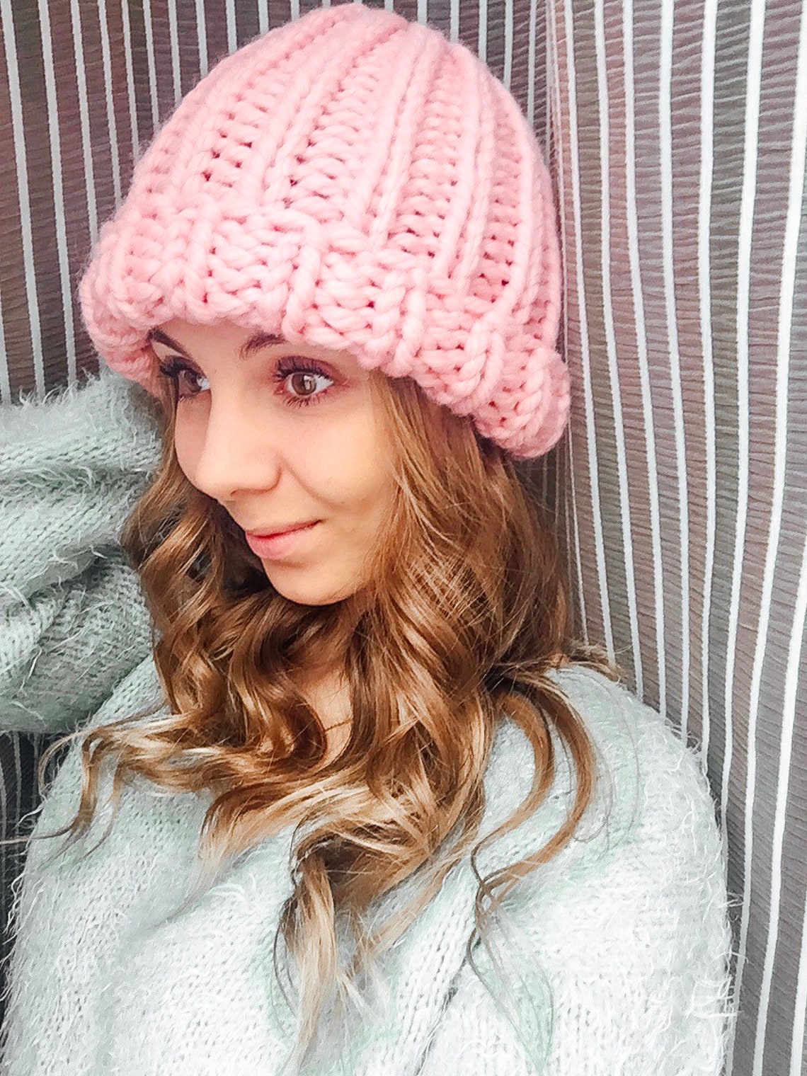 Hand Knitted Light Blue Merino Wool Hat Women Winter Cozy Knit Etsy