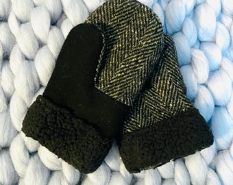 Black and Herringbone Tweed Wool Sweater Mittens - Sustainably Handmade