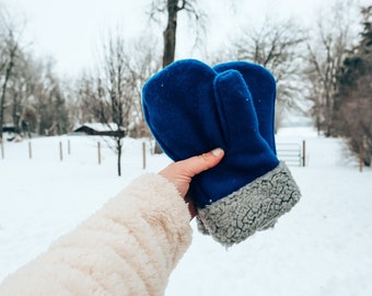 The Borealis Collection | Blue Wool and Grey Sherpa | Repurposed Wool Mittens | Winter Gloves | Sustainable Fashion