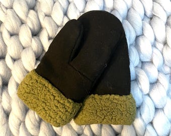 Black Wool with Olive Green Sherpa Sweater Mittens - Sustainably Handmade