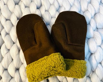 Handcrafted Wool Sweater Mittens: Brown & Olive Green, Eco-Friendly