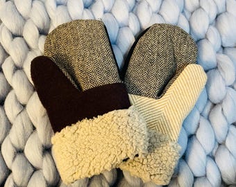 Herringbone Tweed Patchwork Wool Mittens: Upcycled Sweater, Eco-Friendly