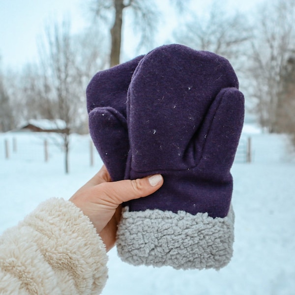 The Borealis Collection | Purple Wool with Black Cuffs | Repurposed Wool Winter Mittens