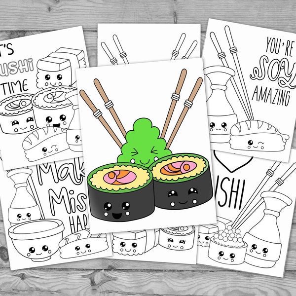 Printable Kawaii Coloring for Kids, Kawaii Sushi Activity Coloring Pages, Kids Coloring Sheets