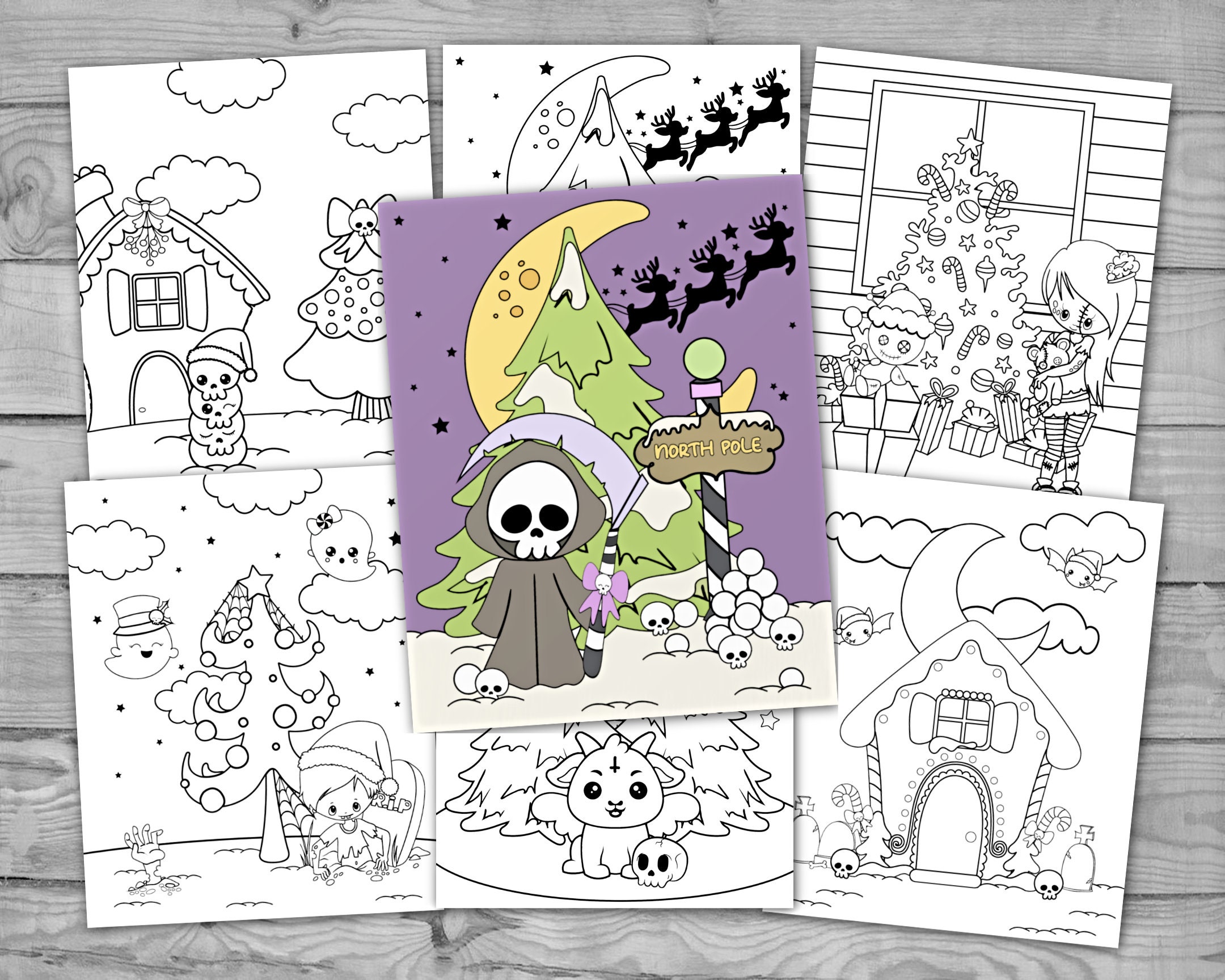 Printable Kawaii Pastel Goth Christmas Coloring Sheets, Creepy Cute Holiday Coloring Pages, DIY PDF Coloring Book for Kids and Adults