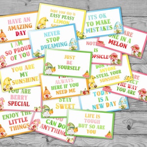 Notes de boîte à lunch imprimables, cartes d'affirmation Gnome