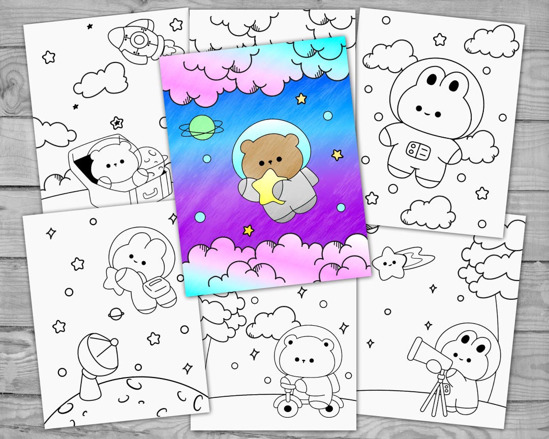 Printable Kawaii Animals in Space Coloring for Kids, Cute Outer Space ...