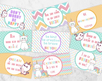 Printable Caticorn lunch box notes, Inspirational Lunch box cards, Kids lunchbox card notes