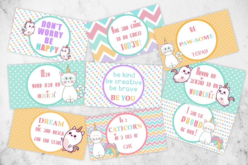 Inspirational Lunch box cards Kids lunchbox card notes Printable Caticorn lunch box notes