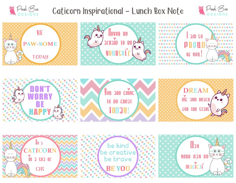 Inspirational Lunch box cards Kids lunchbox card notes Printable Caticorn lunch box notes