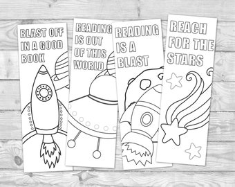Printable Coloring Bookmarks, Outer Space Bookmarks, Set of 4 Printable Bookmarks