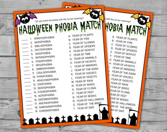 Printable Halloween Activity, Halloween Phobia Match Game with Answers, Halloween Party Game