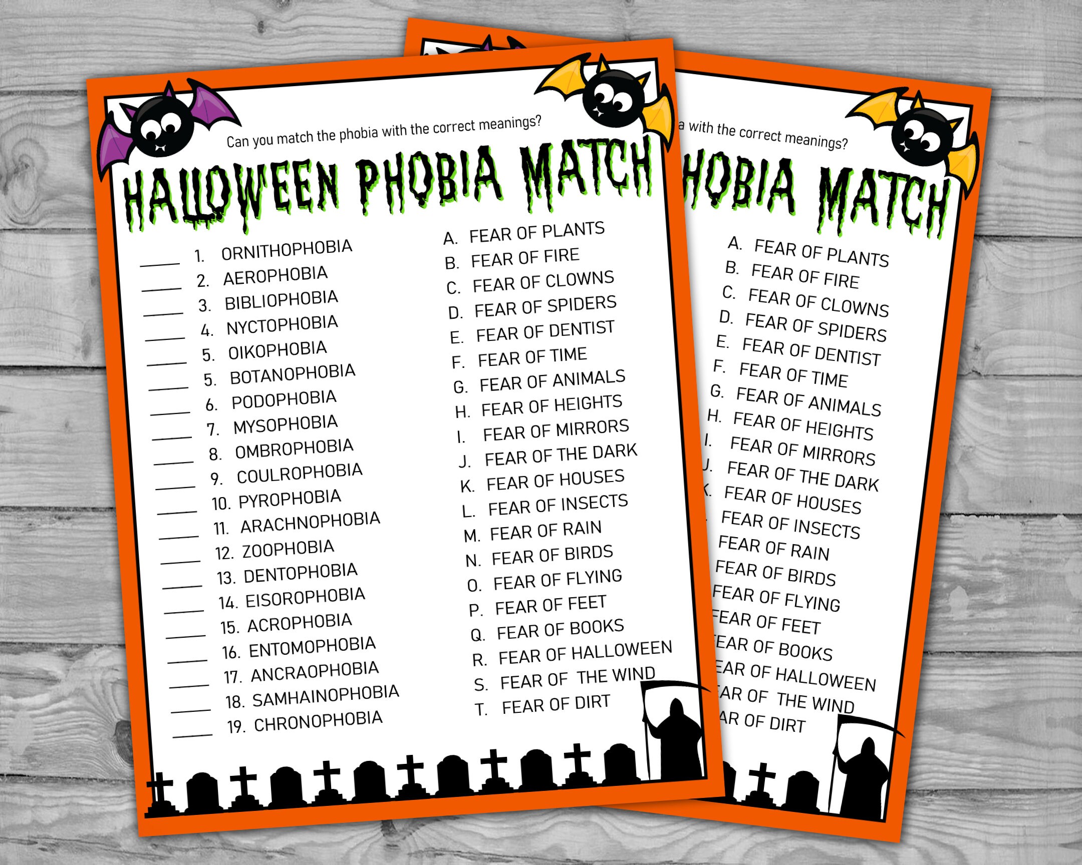 Printable Halloween Activity, Halloween Phobia Match Game With Answers, Halloween Party Game Etsy