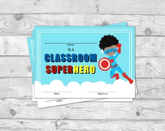 Printable Certificate - Classroom Super Hero Award - Instant Download PDF File - School Party