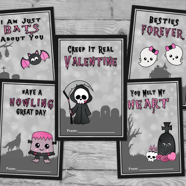 Printable Spooky Valentine’s Day Cards | Kawaii Goth Valentine's Cards For Kids