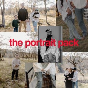 May include: A collection of family portraits featuring a group of people in a park setting. The portraits are arranged in a grid format with the text "the portrait pack" in the center.
