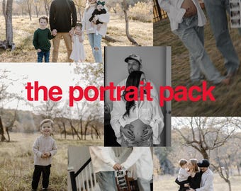 May include: A collection of family portraits featuring a group of people in a park setting. The portraits are arranged in a grid format with the text "the portrait pack" in the center.