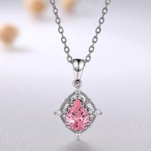 Vintage Teardrop Fireworks Pink Sapphire Pendant Silver Necklace Art Deco Pear Lab Grown Pink Sapphire Necklace Unique Anniversary Gift Wife