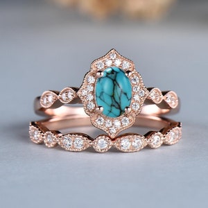 Antique blue turquoise ring set Rose gold oval turquoise engagement ring set Moissanite Halo Vintage Oval Shape Silver Ring Anniversary Gift