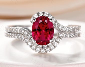 Ruby Ring, July Birthstone Ring, Ruby Wedding Ring Set, Oval Ruby Engagement Ring, Silver Rings, Stacking Ring, Birthstone Ring, Bridal Ring