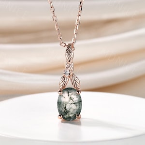 Leaves Oval Moss Agate Women Necklace Rose Gold Agate Nature Inspired Pendant Necklace Vintage Vine leaf Green Agate Necklace Bridal Gift
