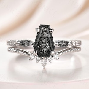 Gothic Coffin Shaped black rutilated quartz Wedding Set & Marquise Cut Black Quartz Ring White Gold Coffin Engagement Ring Gift Valentines