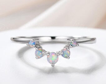 Dainty Opal Stacking Ring: Sterling Silver Band, Vintage October Birthstone