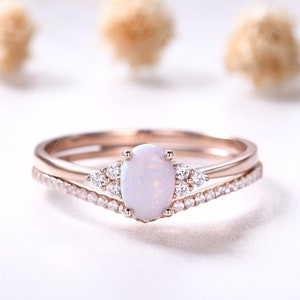 Oval Opal engagement ring set rose gold opal ring white fire opal ring cluster wedding bridal ring dainty opal ring anniversary gift