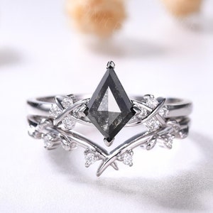 Kite Raw salt and pepper diamond ring set 10k white gold Unique Kite Cut Diamond Ring Luxury Diamond Bridal Ring  art deco ring cluster ring