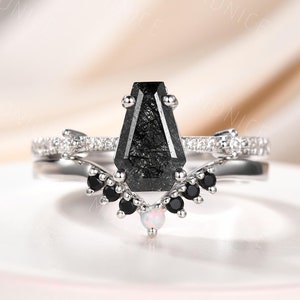 Gothic Coffin Shaped black rutilated quartz Wedding Set opal black spinel curved band 14k White Gold Coffin black quartz Engagement Ring