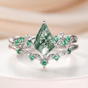 Conjunto de anéis de noivado em ouro branco 14K, vintage, com musgo de pipa, anel de esmeralda com folha de galho exclusivo, conjunto de anéis de noiva com corte de pipa, anel de prata com ágata verde
