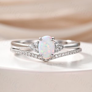 Dainty Opal Wedding Ring Set, Oval Opal Engagement Ring, October Birthstone Ring, Curved Stacking Band, Promise Bridal Ring Set, Silver