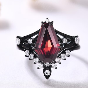 Gothic Big Coffin Black Onyx Wedding Ring Set 12*8mm, Black Rhodium Antique Coffin Red Garnet Engagement Ring Unique Garnet Wedding Ring Set