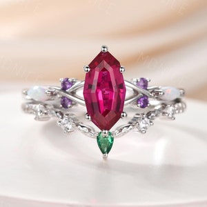 Vintage Ruby Twig Ring Set: White Gold Marquise Ruby, Amethyst, Emerald