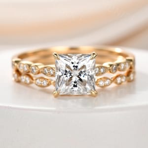 7mm Princess Cut Moissanite Engagement Ring Set Solid Gold Marquise Moissanite Half Eternity Stacking Band Anniversary Wedding Set for Women